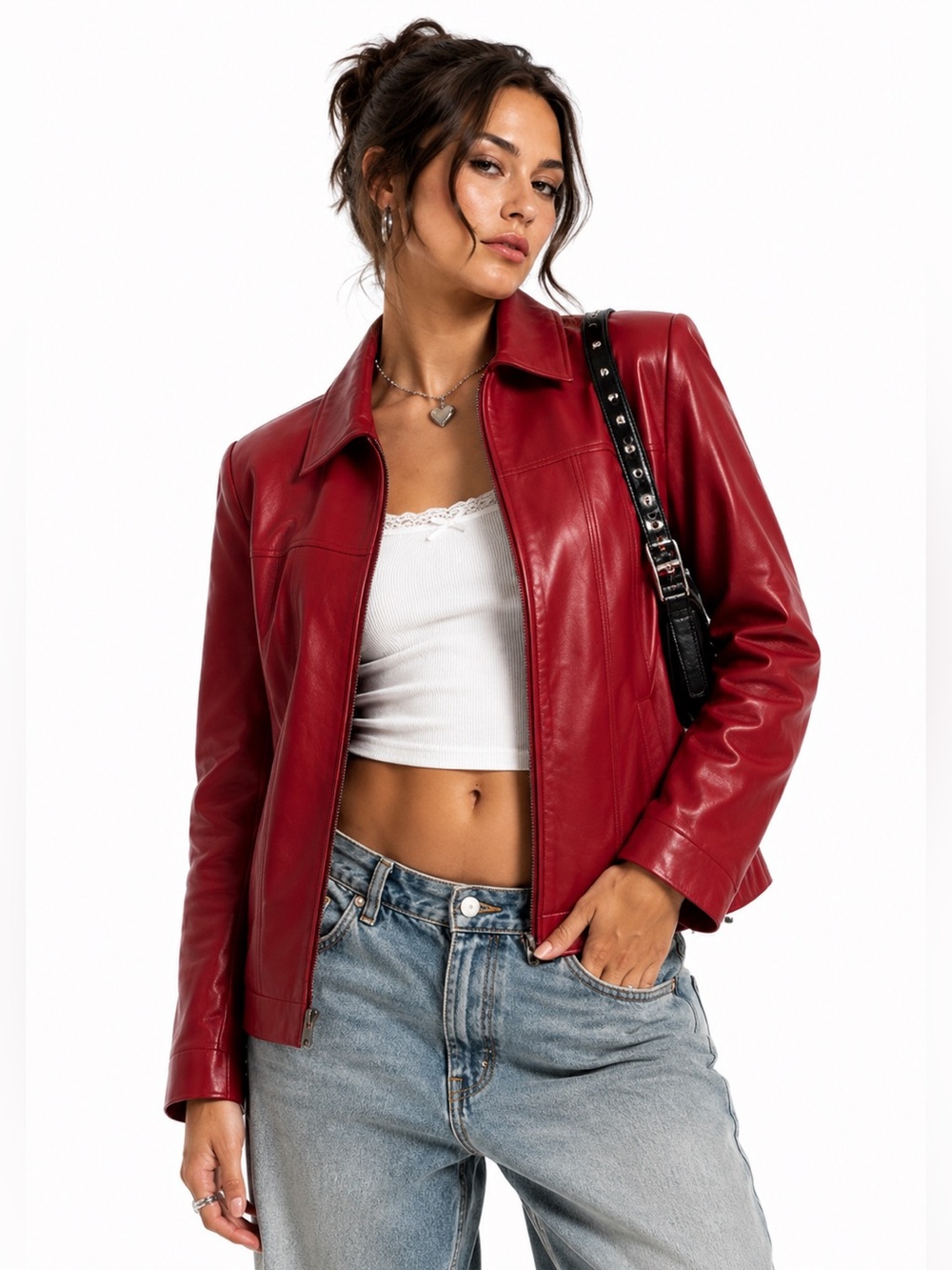 Vintage 90s Y2K Prague Short Cherry Red Leather Jacket Size L